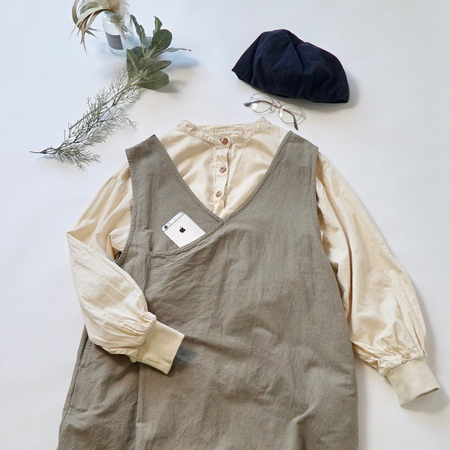 【福袋】プルオーバーシャツ/生成り＋ジャンパースカート/カーキ
