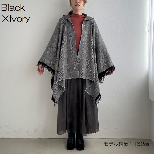 PASSIONE ヘリンボーンパターン ポンチョ 風グレー