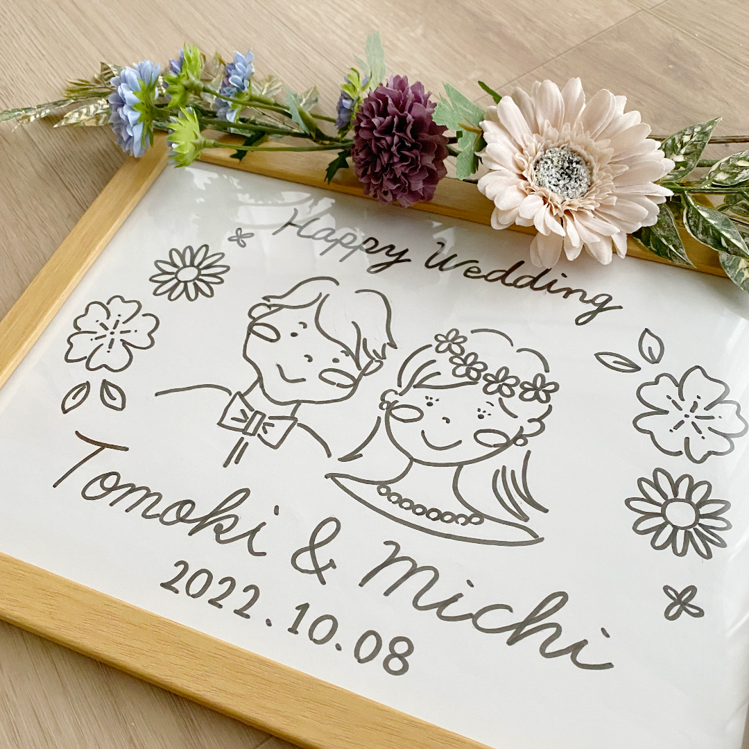 ⚫︎タイプC⚫︎モノクロ線画 似顔絵ウェルカムボード（背景あり）結婚祝い 紙婚式