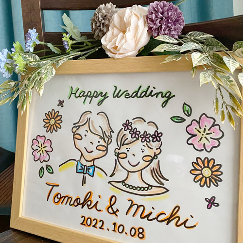 ⚫︎タイプD⚫︎カラー線画 似顔絵ウェルカムボード（背景あり）結婚