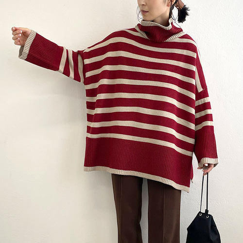 全4色】ゆったりタートルネック チュニック丈ボーダーニット 22533 