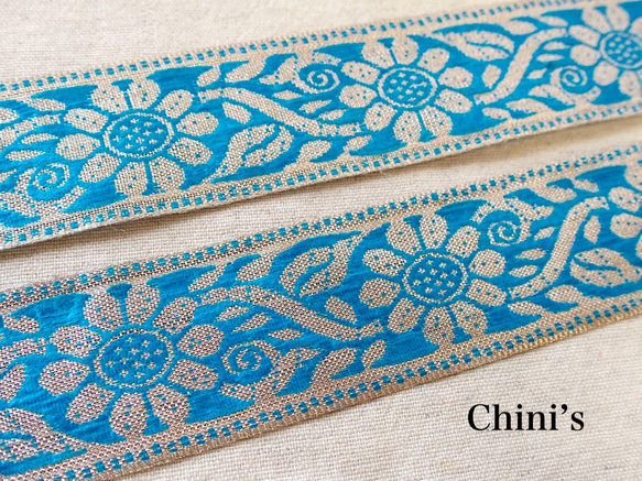 1mより インド刺繍リボン チロリアンテープ 花 水色 北欧☆民族衣装