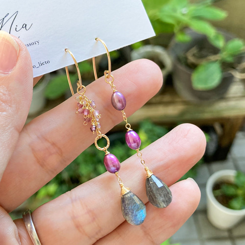 14kgf］ラブラドライトと淡水パールのピアス アシンメトリー  