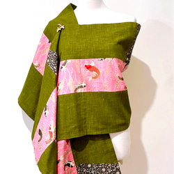 スカーフ No.117☆春のお出かけ☆デザイナー手作り和風蛍光粉鯉柄グリーンステッチブラックカラーブロックスカーフショール 6枚目の画像