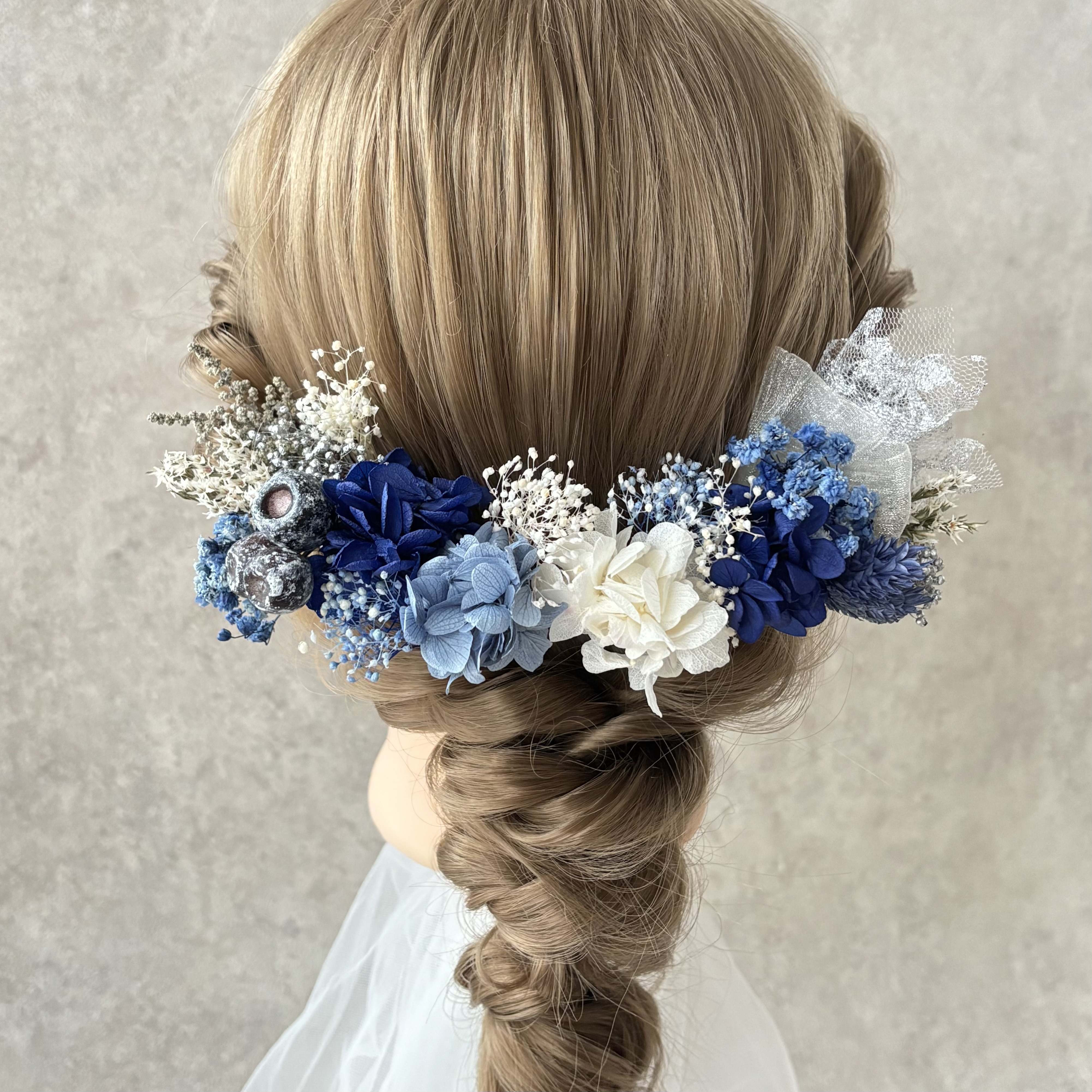 【marine】ネイビーブルー×シルバー　お花の髪飾り ドライフラワー　結婚式　成人式　卒業式