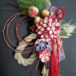 つまみ細工しめ縄「水引緑」和飾り しめ縄・しめ飾り つまみ細工工房の