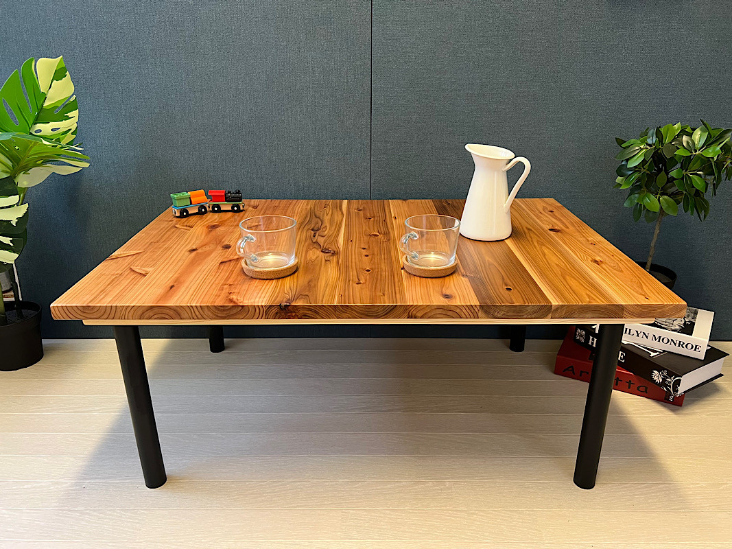 【送料無料】 ローテーブル 長方形 90cm 60cm スギ 縦柄 ねじ込み脚 ブラック