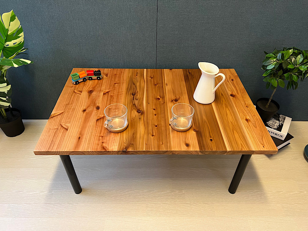 【送料無料】 ローテーブル 長方形 90cm 60cm スギ 縦柄 ねじ込み脚 ブラック