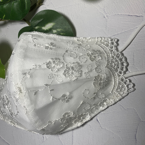 不織布マスクカバー チュールレース ホワイト フラワー スカラップ  