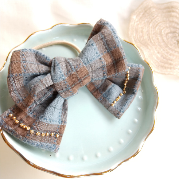 秋冬]青×茶タータンチェックリボン 大ぶり おそろい こども キッズ