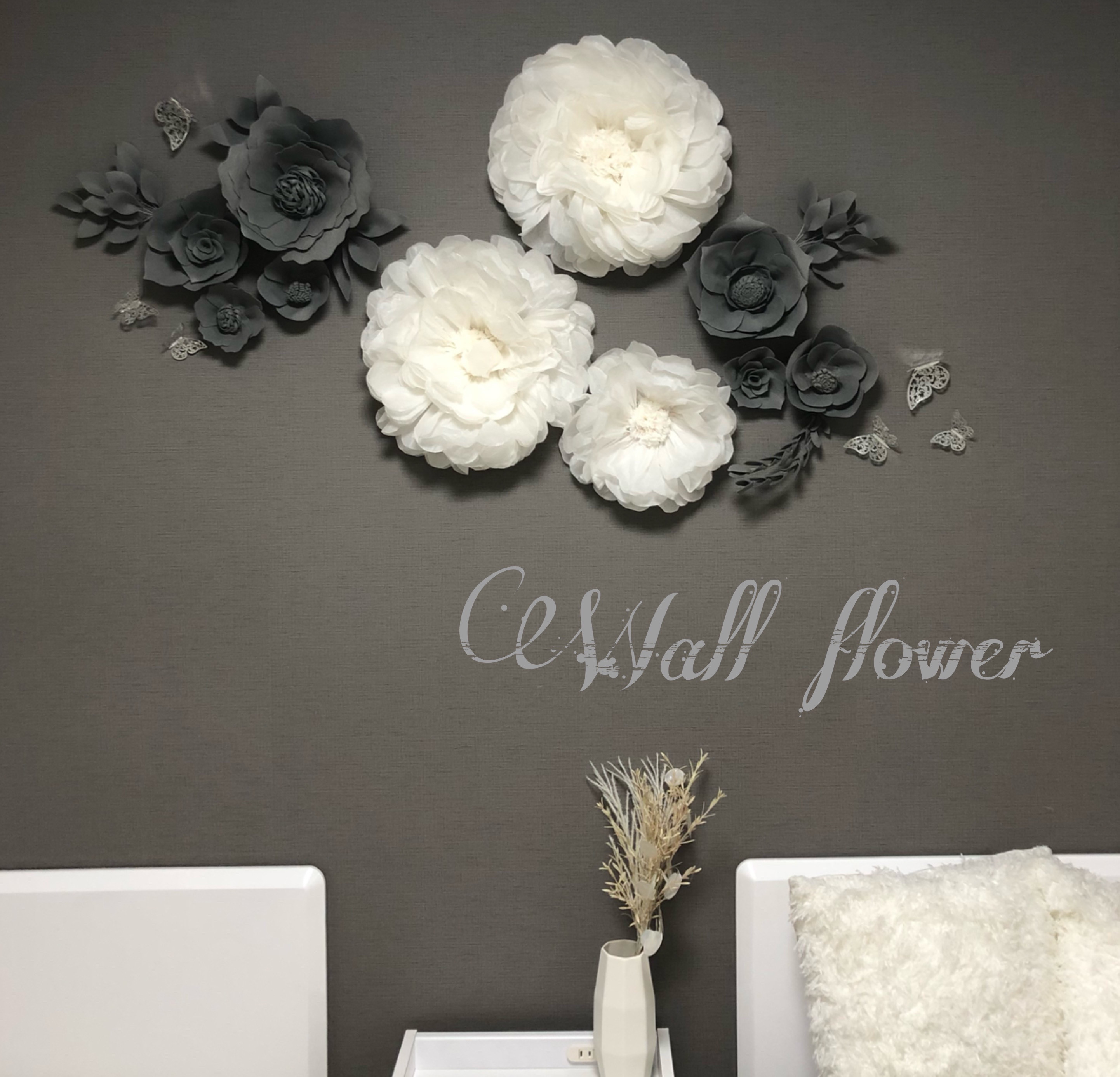 F(葉)2 豪華ウォールフラワーセット(葉っぱ付き) グレー＆ホワイト　ペーパーフラワー　ウェディング　お花