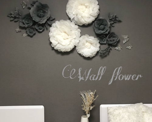 2枚❤️お花レース❤️横長❤️ひのき❤️ウォールデコ❤️ウェルカムボードなどに F(葉)2 豪華ウォールフラワーセット(葉っぱ付き) グレー