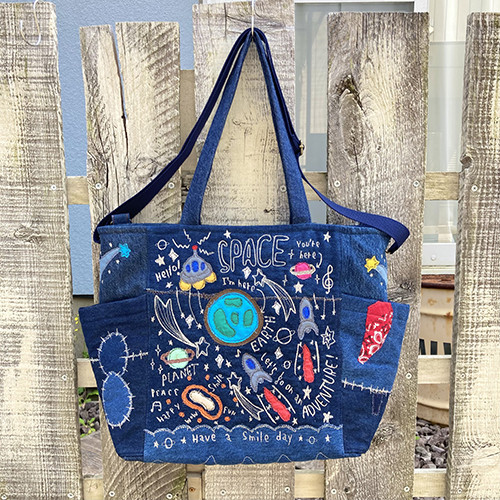 スペースワールド布帛ワッペン刺繍デニム2wayトートバッグ