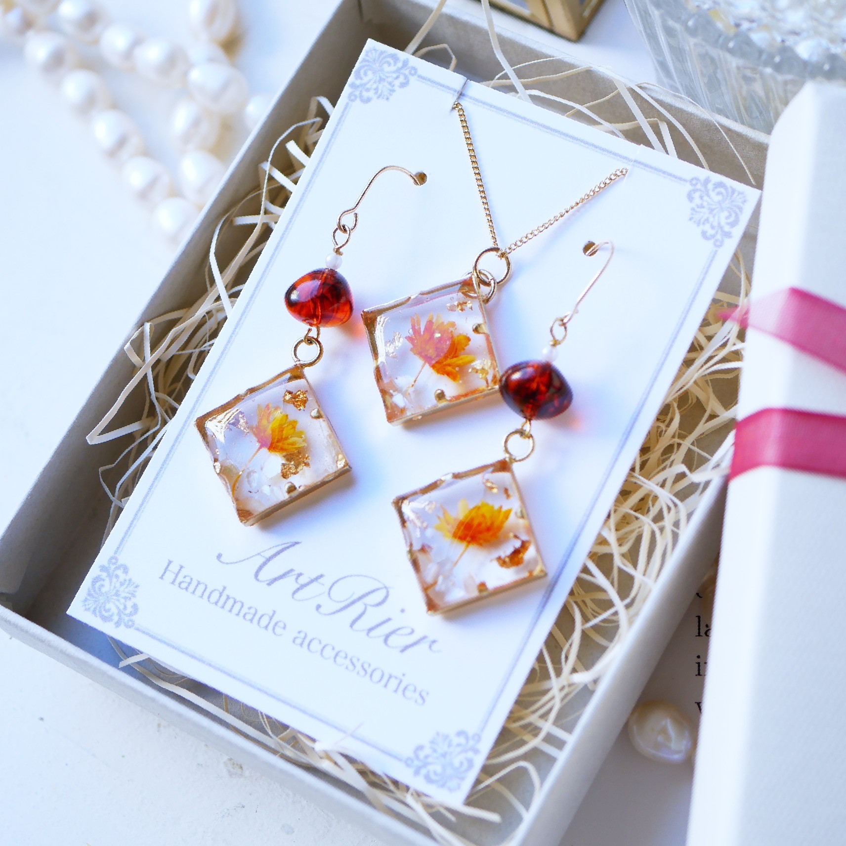 べっ甲&金箔フラワーjewelryセット ピアス（フック・チェーン  