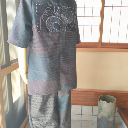 着物リメイク　絣、紬、古布　ジャンパースカートS~M　ハンドメイド