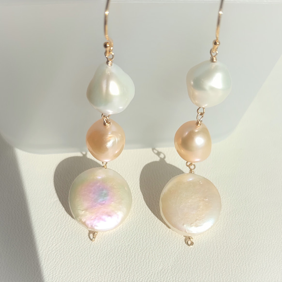 【超歓迎】 14KGF 天然パステルカラーバロックパールとコインパールピアス アクセサリー