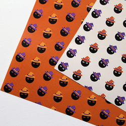 黒ネコハロウィン包装紙「カボチャを探せ！」A4サイズ（8枚入り）デザインペーパー　ラッピングペーパー　オフホワイト 8枚目の画像