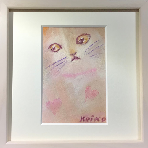 猫のパステル画 ピンク額縁付き 原画] MyCat パステル画 新品の額付き