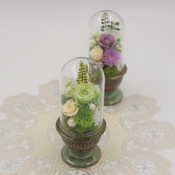 HANAYUKI 仏花 プリザーブドフラワー ガラスドーム（パープル色/グリーン色）お供え花 フラワーアレンジメント 仏 3枚目の画像