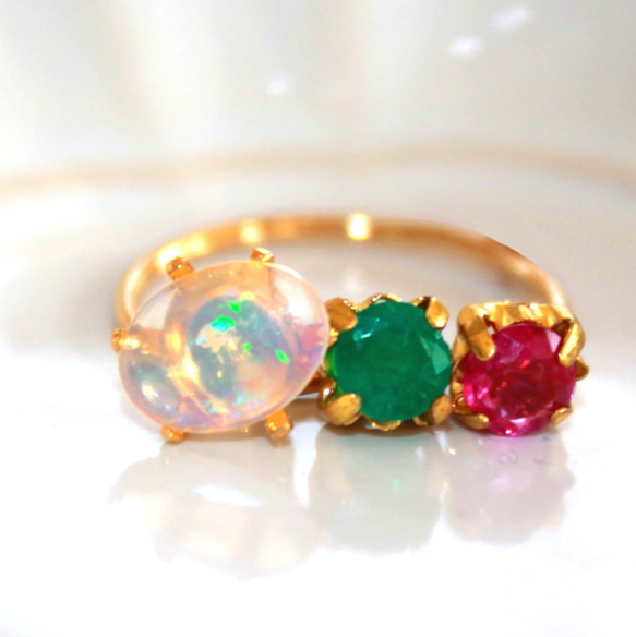 マチケー 様　専用☆ミk10- emerald -Emerald & Ruby & Opal Ring 2枚目の画像