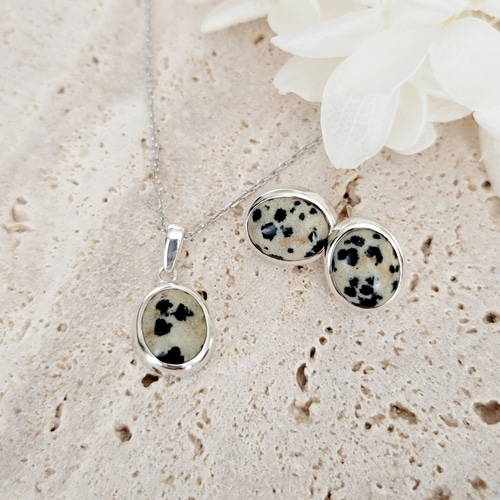 ダルメシアンジャスパー オーバル 10＊8mm シルバーネックレスH