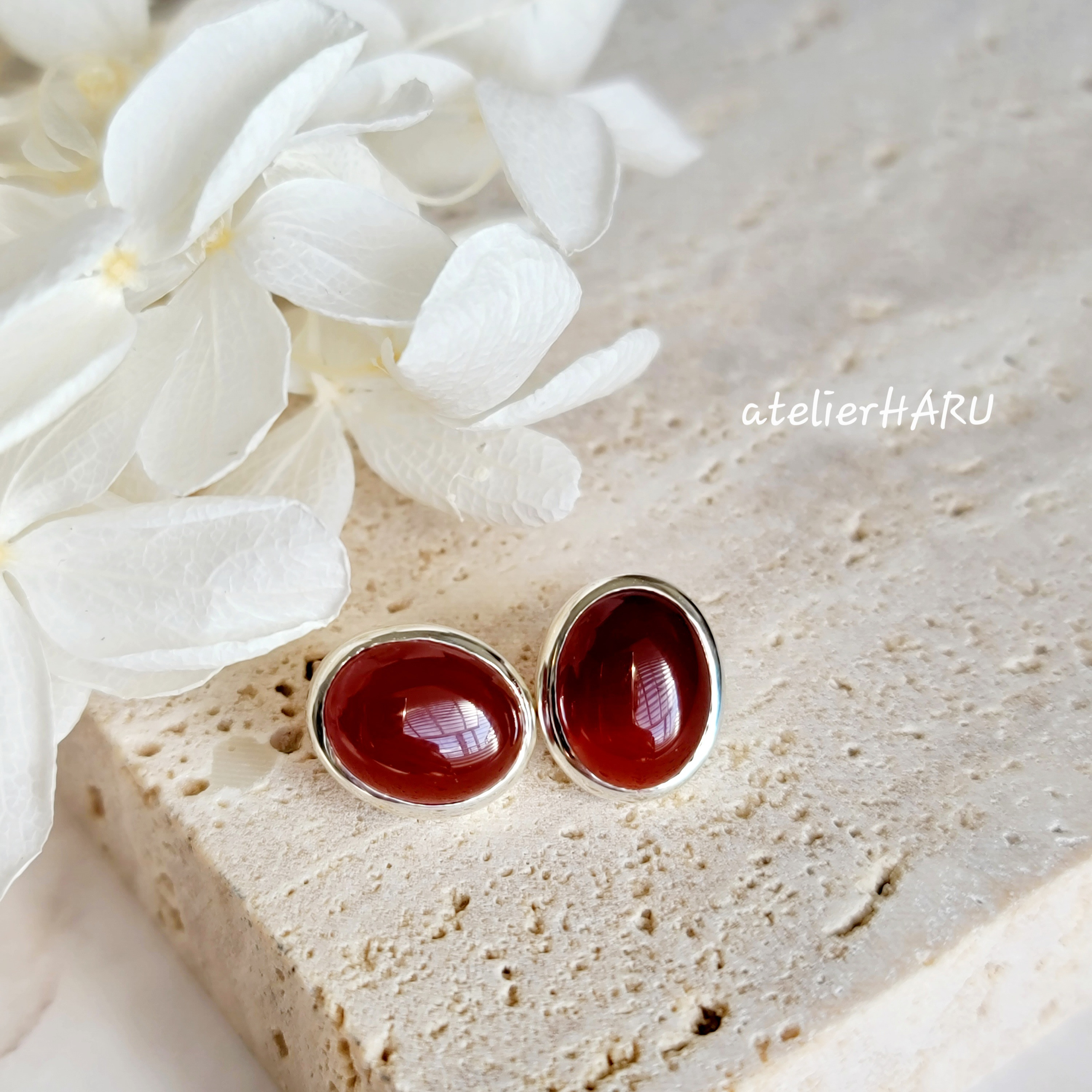 【母の日】レットアゲート　 オーバル　10＊８mm　シルバーピアス H-229S