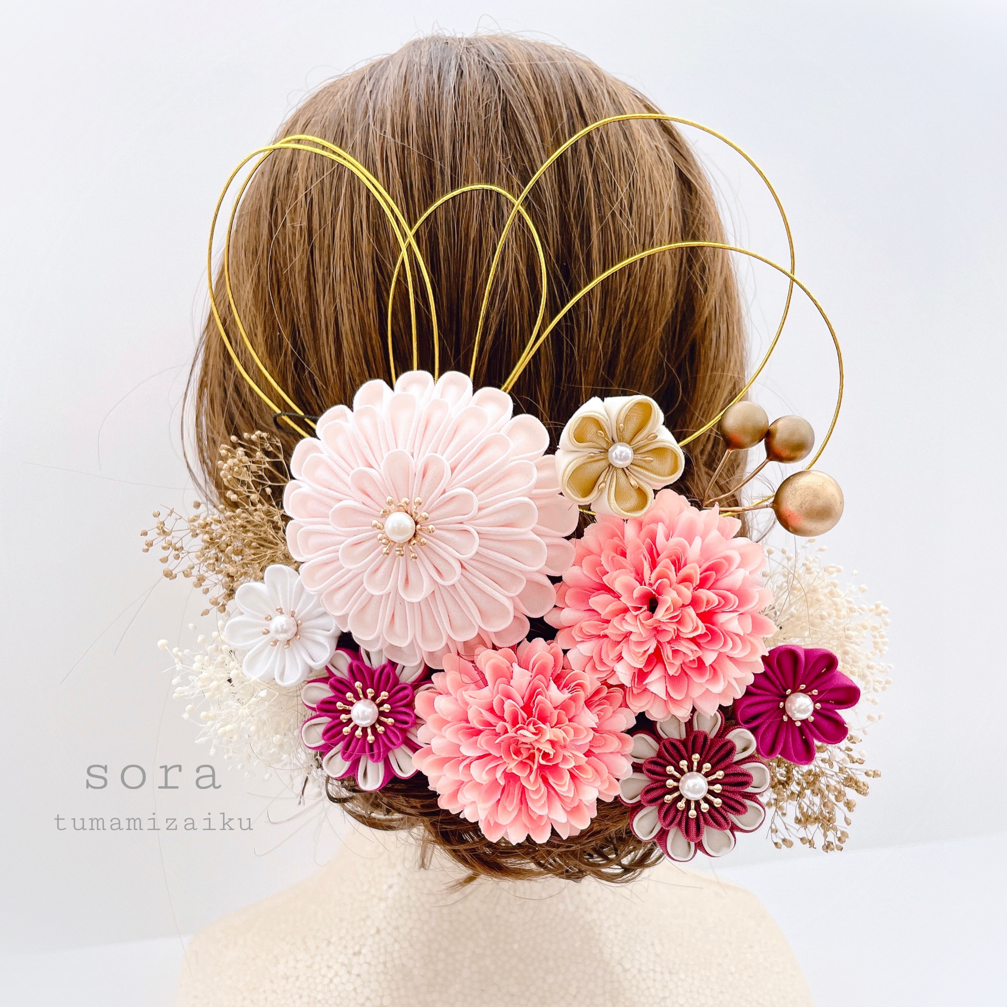 つまみ細工　髪飾り　ポンポンマム　【ピンク】成人式　ウェディング　和装　アーティフィシャルフラワー　卒業式