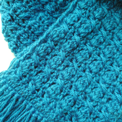 【再再再販】マフラー 模様 編み 手編み 編み物 ブルー フリンジ 2枚目の画像