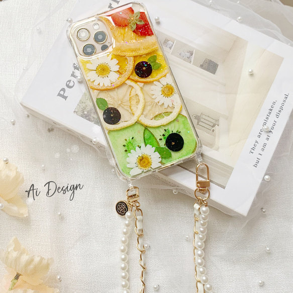 ♡押しフルーツケース✨ドライフルーツ スマホケース✨ハンドメイド　iphoneパールストラップ リング付き 4枚目の画像