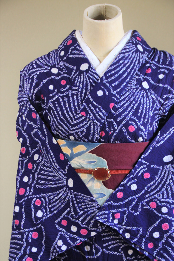 浴衣 有松鳴海本絞り 花火 水玉模様 青褐色 KK-2080 浴衣 有松鳴海本絞り 花火 水玉模様 青褐色 KK-2080