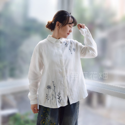 紫陽花ハンドメイド2023 刺繍 綿麻 長袖 シャツ 襟付きシャツ tシャツ レディース 白シャツ レディース 5枚目の画像