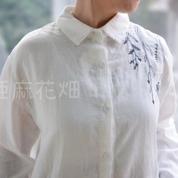 紫陽花ハンドメイド2023 刺繍 綿麻 長袖 シャツ 襟付きシャツ tシャツ レディース 白シャツ レディース 3枚目の画像