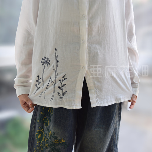 手作りハンドメイド刺繍花古布蝶々ゆったりシャツ