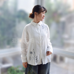 紫陽花ハンドメイド2023 刺繍 綿麻 長袖 シャツ 襟付きシャツ tシャツ レディース 白シャツ レディース 4枚目の画像