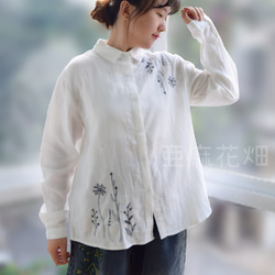 紫陽花ハンドメイド2023 刺繍 綿麻 長袖 シャツ 襟付きシャツ tシャツ レディース 白シャツ レディース 1枚目の画像