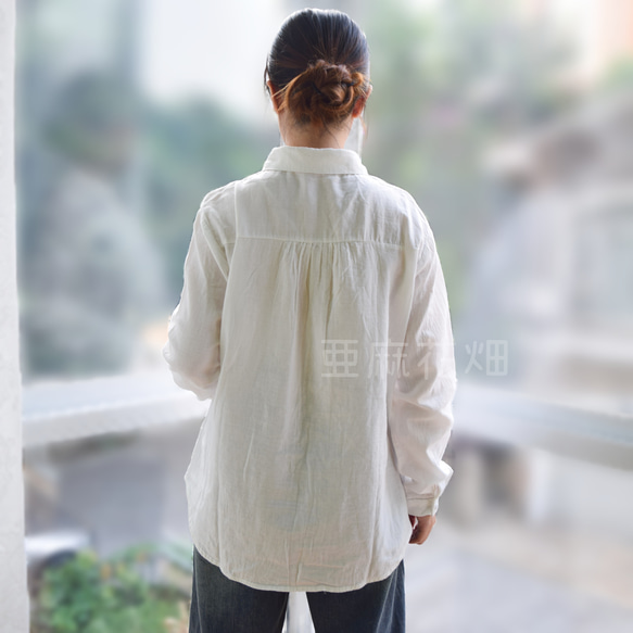 紫陽花ハンドメイド2023 刺繍 綿麻 長袖 シャツ 襟付きシャツ tシャツ レディース 白シャツ レディース 7枚目の画像