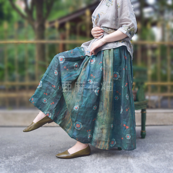 グリーン スカート 風 ロング スカート 秋 マキシ 丈 スカート ロング フレア スカート ロング 可愛い スカート 1枚目の画像
