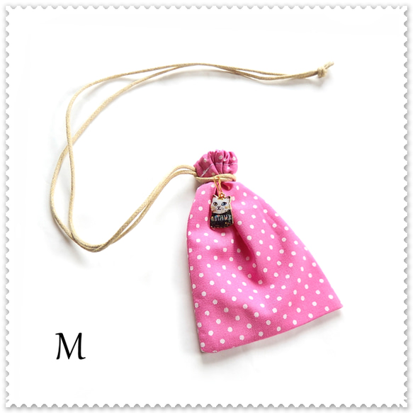 水玉 ドット／Mt・巾着袋 ネックレス（赤・ピンク）／お守り袋・薬袋・道具入れ・ガーリー キッズ・携帯ポケット／猫 7枚目の画像