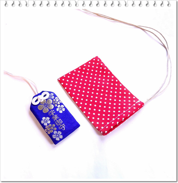 水玉 ドット／Mt・巾着袋 ネックレス（赤・ピンク）／お守り袋・薬袋・道具入れ・ガーリー キッズ・携帯ポケット／猫 8枚目の画像