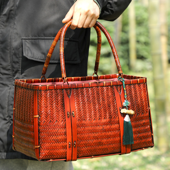 特大 自然竹の編み上げ ハンドバッグ 竹工芸 茶道 竹細工 收納 竹編細工籠