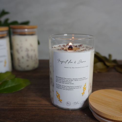 天然金木犀の香りと花のボトル アロマソイキャンドル(wood wick