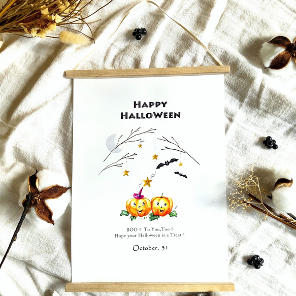 タペストリー風 木製バー付　ハロウィンポスター　かわいい★かぼちゃおばけ(Ａ４サイズ) 1枚目の画像