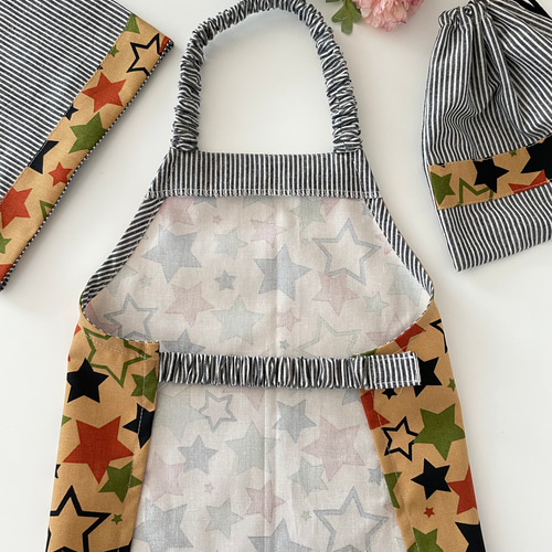 80-160cm 4色 カラフル星柄のエプロン3点セット スター マジックテープ