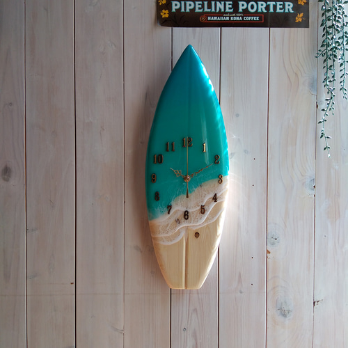 1105】オーシャンアート ウッドレジン サーフボード 時計 インテリア
