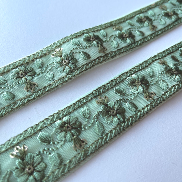 【50cm】インド刺繍リボン　くすみグリーン　チュール　GN466 3枚目の画像