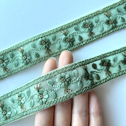 【50cm】インド刺繍リボン　くすみグリーン　チュール　GN466 5枚目の画像