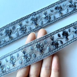 【⚠︎B品/50cm】インド刺繍リボン　ブルーグレー　チュール　GN466 6枚目の画像