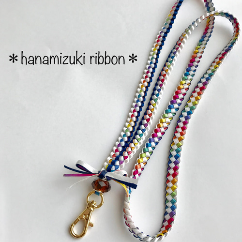 再再販＊虹色リボンのネックストラップ＊ハワイアンリボンスマホ