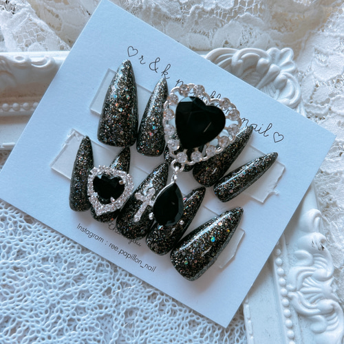 ブルーグリッター ハート 地雷系 ジェルネイルチップ レギュラー