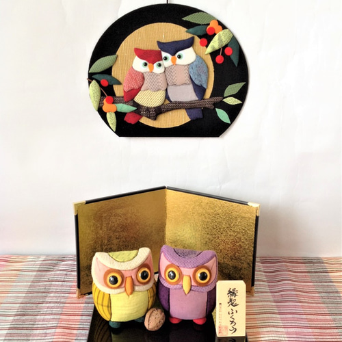 押し絵飾り 満月夫婦ふくろう その他インテリア雑貨 tsumugi-kan